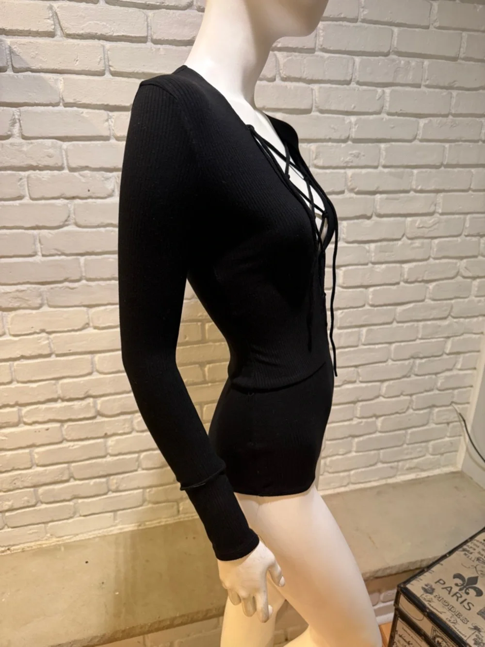 Reformation Black Lace-Up Bodysuit Tie Front Long Sleeve Size S